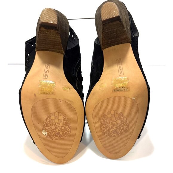 Black Peep-Toe Laser-Cut Heeled Sandals With Back Zippers & Wooden Cone Heels - Picture 7 of 9